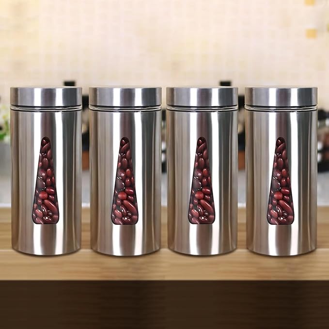 Kitchen Storage Jars Steel Finish With See Through Window Jar, 1300 ml, Set of 4