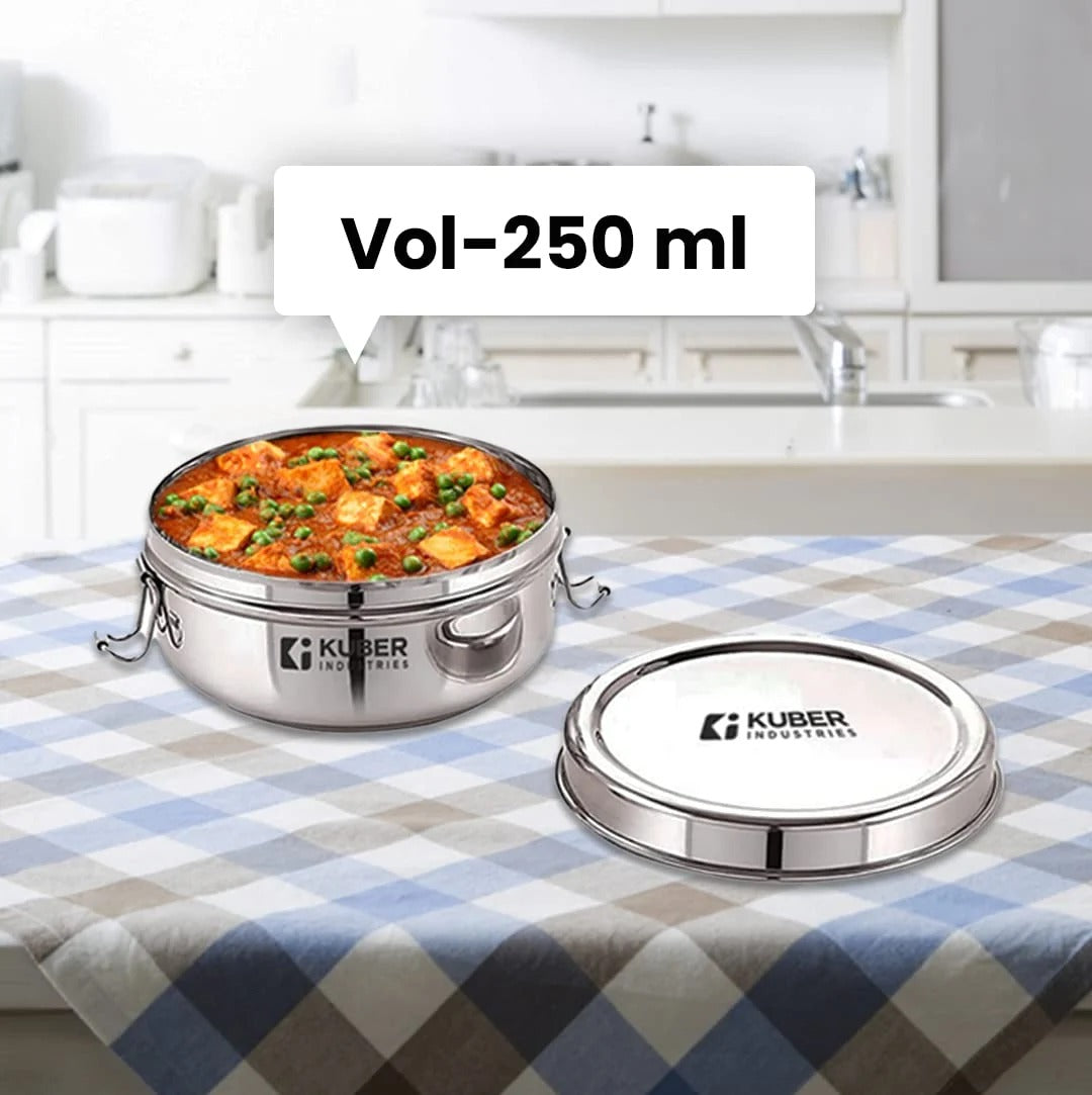 SS Food Pack Lunch Box, 250 ml, 1pc, Steel Separator Plate, Locking Clip