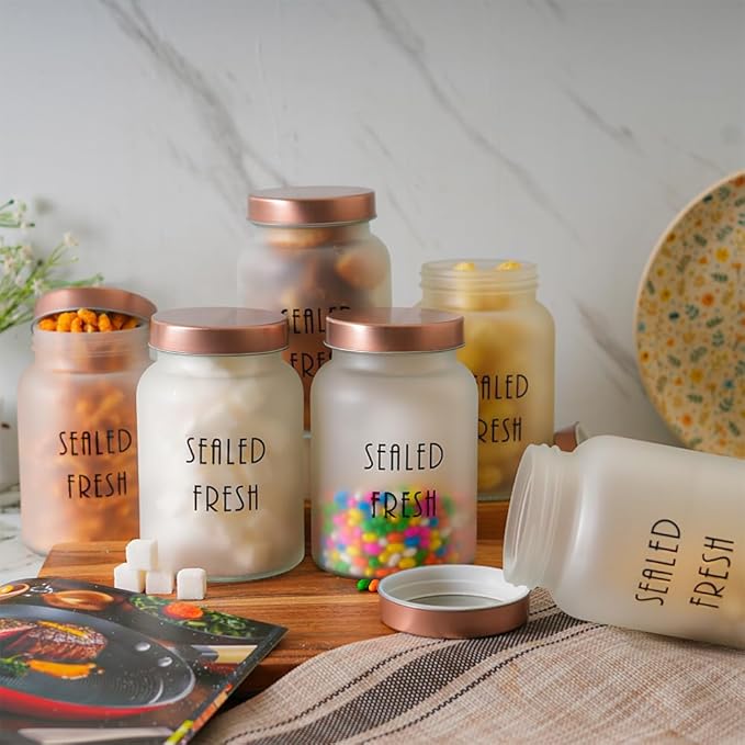 Kitchen Storage Jars Frosted Glass Jar With Steel Lid Air Tight Jar, 1000 ml, Pack of 4, Golden Lid
