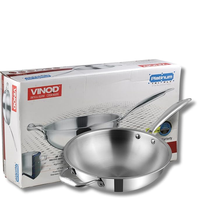 Triply Stainless Steel Wok - 3 L, 26 cm, Riveted Handle, Stir, Shallow Fry, Noodles, Curry