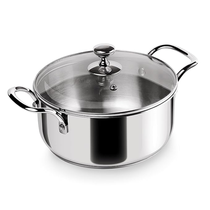 Triply Stainless-Steel Sandwich Bottom Casserole Handi/Stock Pot/Biryani Pot with Glass Lid 24 cm, 5 L