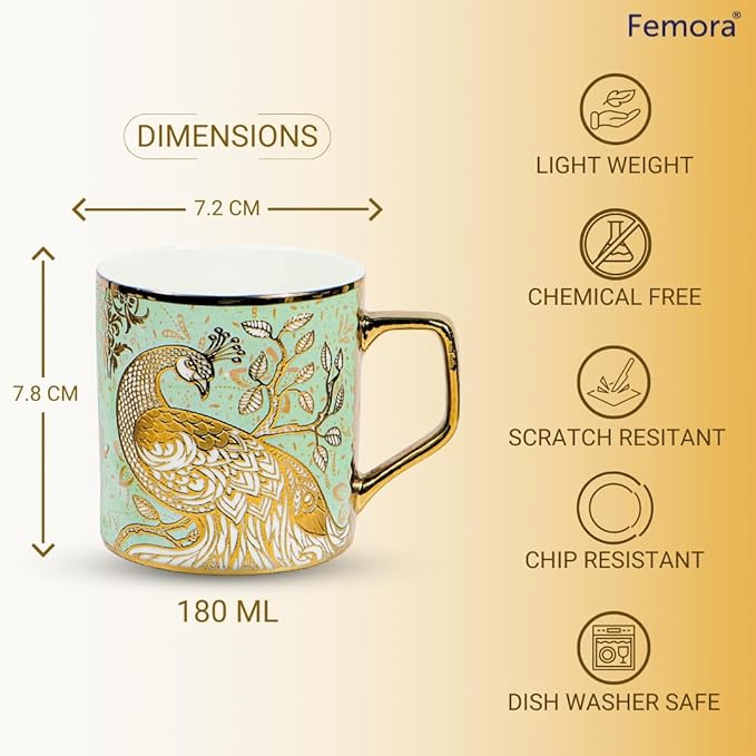 Premium Peacock Motif with Leaves Pattern Ceramic Coffee & Tea Cup Set of 6 Each