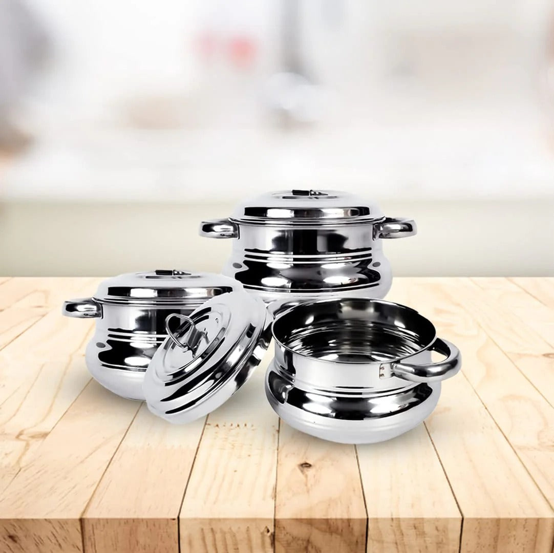 Stainless Steel Handi Casserole Set of 3 with Lid 600 ml + 1L + 1.6L Cook Serve Silver