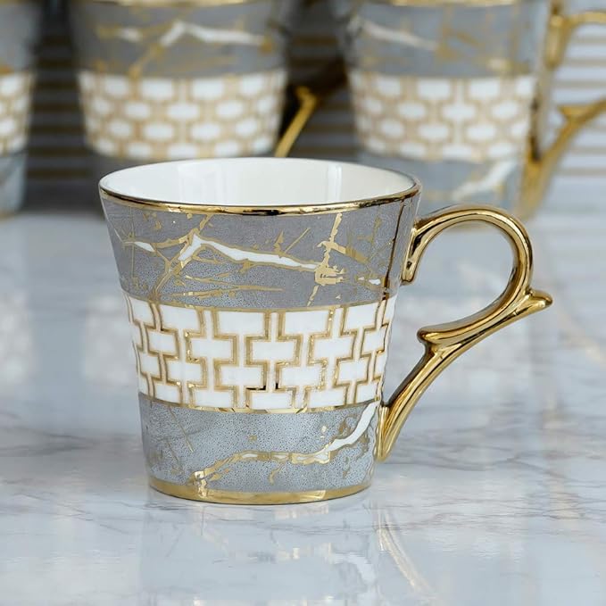 Indian Ceramic Grey Gold Line Tea Cup, 6 Pieces, 155 ml