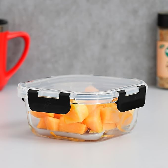 Borosilicate Square Microwave Oven Safe Glass Container With Dectahable & Break Free Lid, Black Color - 800 ml