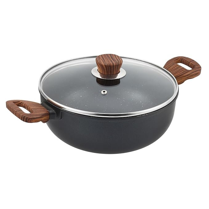 Plus Die Cast Aluminium Kadhai with Glass Lid - 4 L, Kadai for Cooking, 5 mm Thick, 5 layer Coating