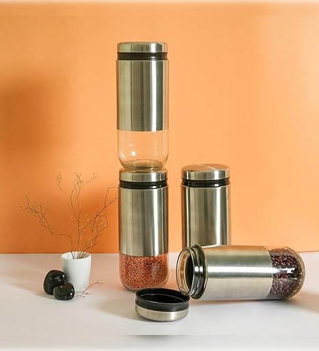 Kitchen Storage Jars Steel Body With See Through Bottom Jar, 900 ml, Pack of 4