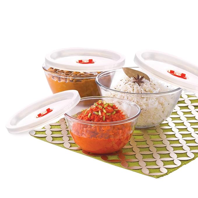 Glass Mixing & Serving Bowls With Lids, Oven & Microwave Safe Bowls, Set of 3