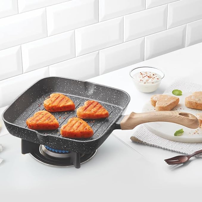 Die-cast Non-stick Aluminium Square Grill Fry Pan, Frying Pan With Ridges, Black With Wood-finish Handles