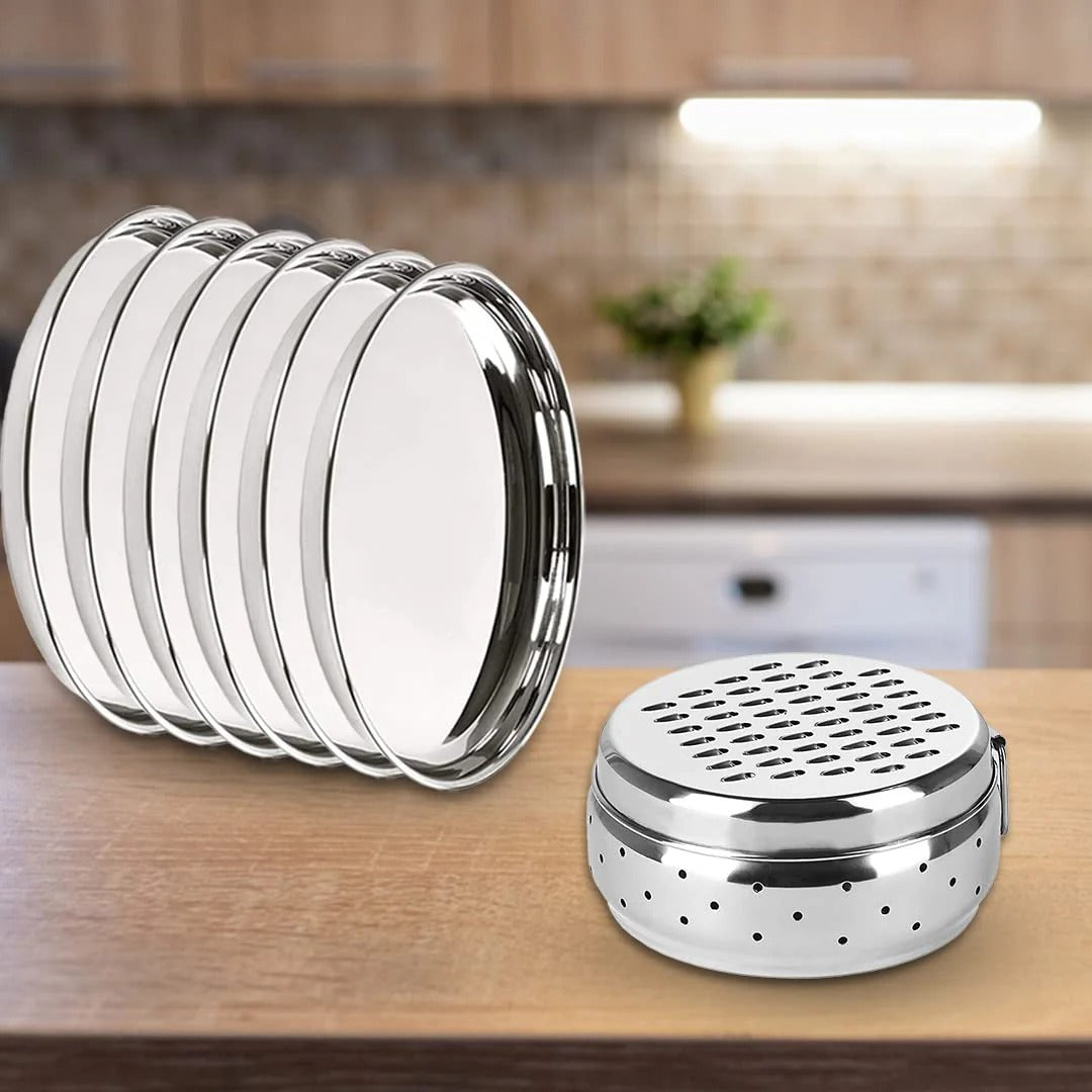Dinner Plates Set of 6 + Grater with Storage and Lid SS Pack of 7 Silver