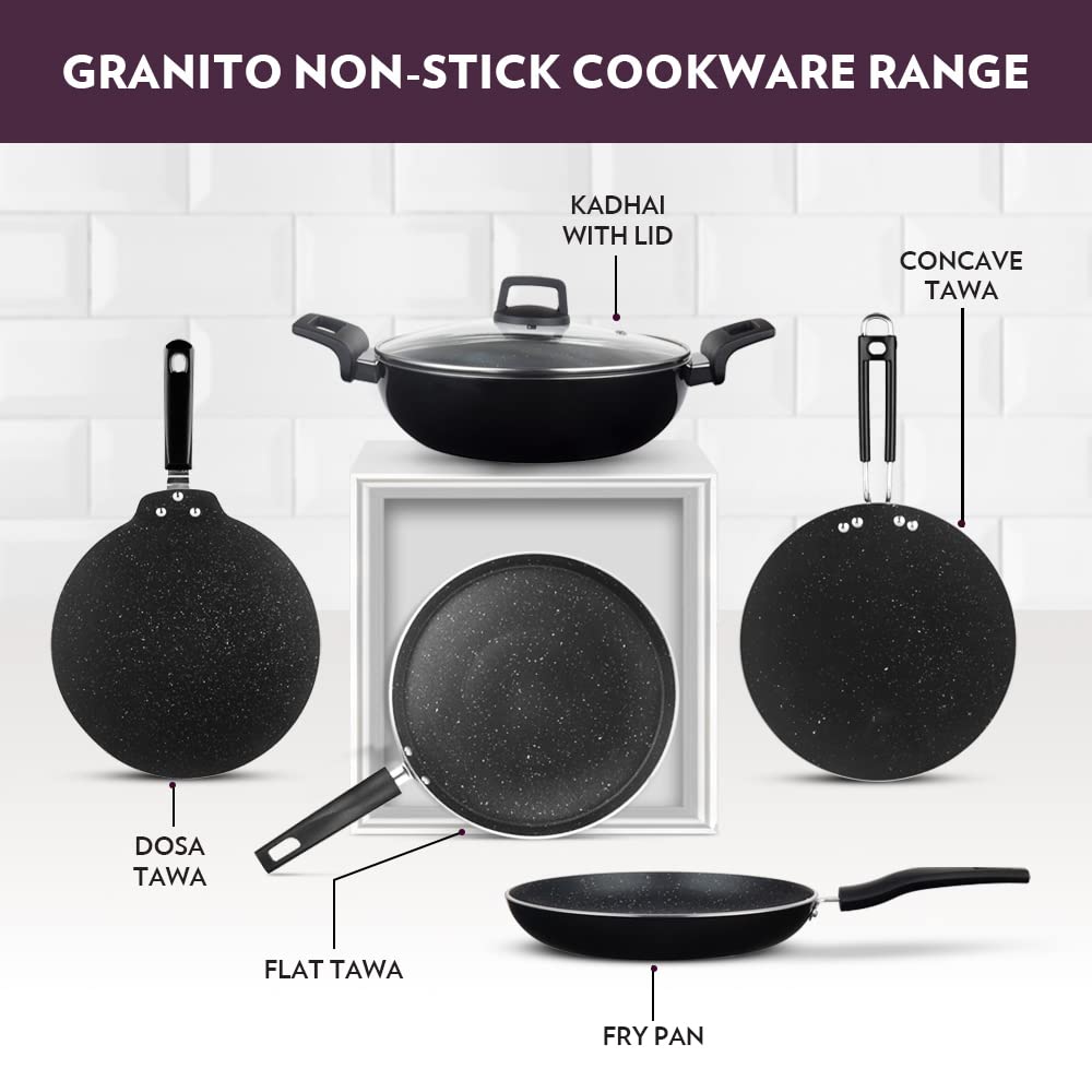 Non-stick Kadhai With Glass Lid, Induction Friendly, Granite Finish, Pfoa-free, 28 cm Diameter