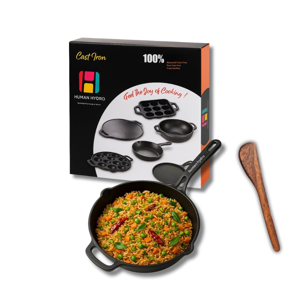 Pre-Seasoned Cast Iron Fry Pan 25 cm (10 inch) with Wooden Spatula Naturally Nonstick Gas Induction