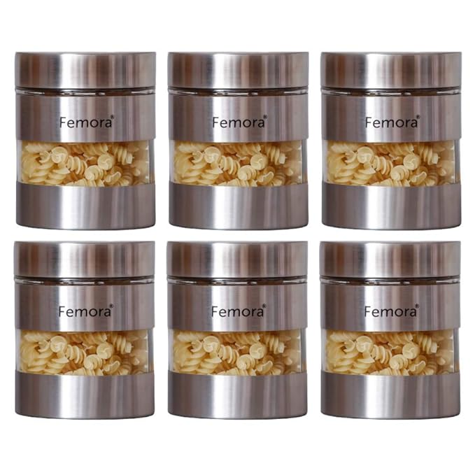 Kitchen Storage Jars Steel Body With See Through Window Jar, 700 ml, Pack of 6 - Design 2