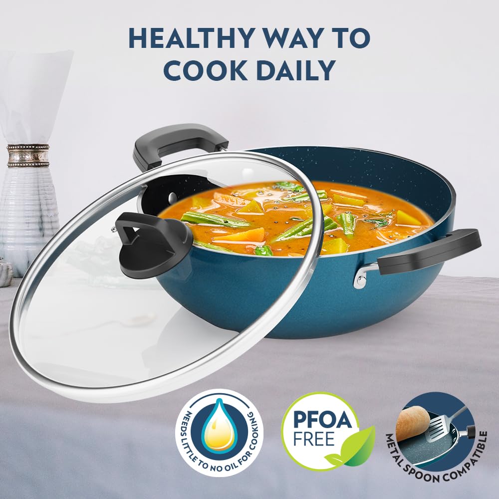 Non-stick Aluminum Kadhai With Lid 22 cm, 5 Layer Nonstick Coating