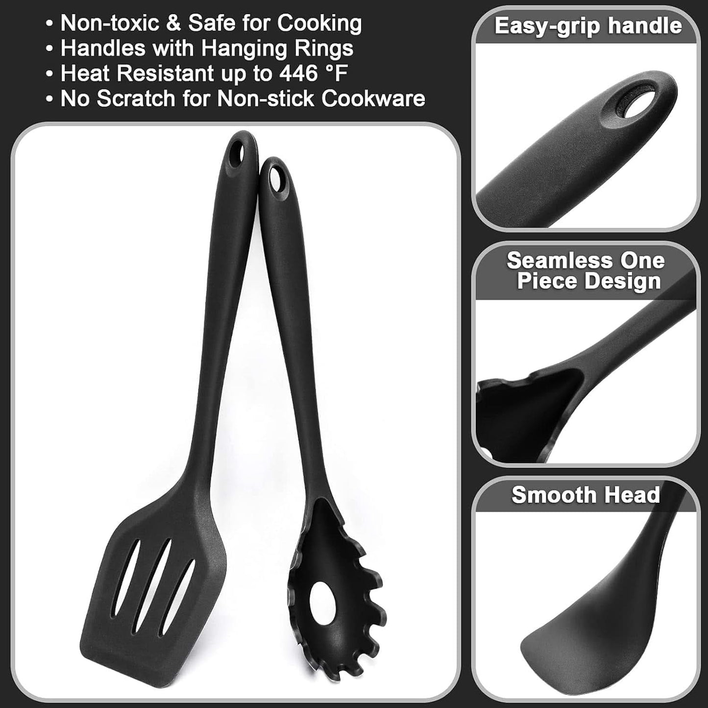 15-Piece Silicone Kitchen Utensils Set – Heat-Resistant Spatulas, Spoons, Turners, Brush, and Whisk, Perfect for Non-Stick Cookware (Black)