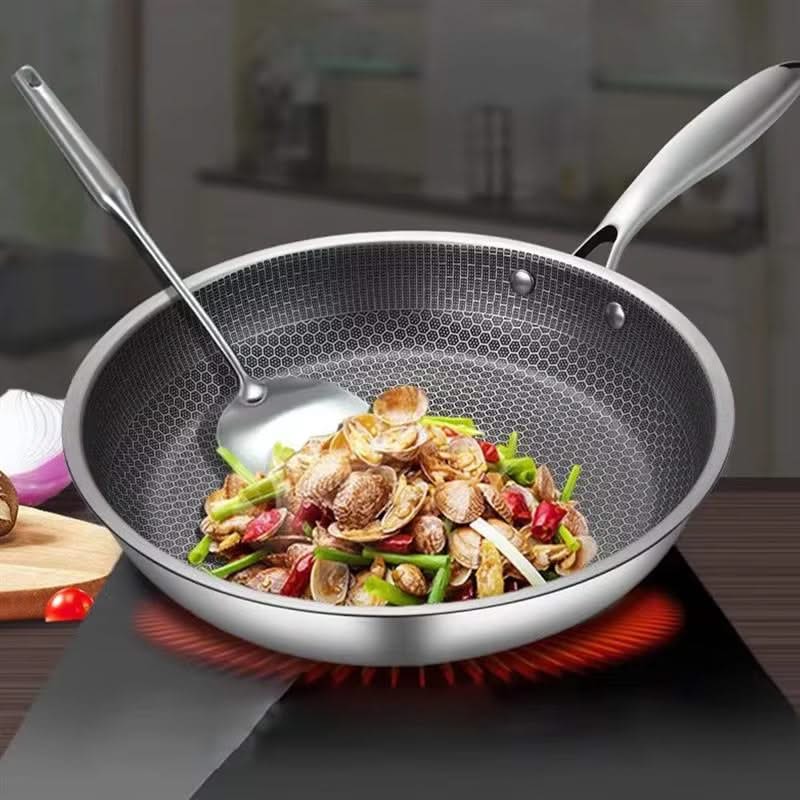 Honeycomb Grain Stainless Steel Frying Pan – Ideal for Stir-Fry, Steak, and Electric Cooking, Compatible with Gas and Induction Stoves