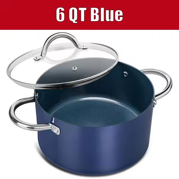 Non-Stick Ceramic Stock Pot with Glass Lid – 6-Quart Cooking Pot Induction-Compatible – Ideal for Soups, Stews, Curries, Simmering, Sautéing & One-Pot Meals – Available in Green, Blue & White Blue