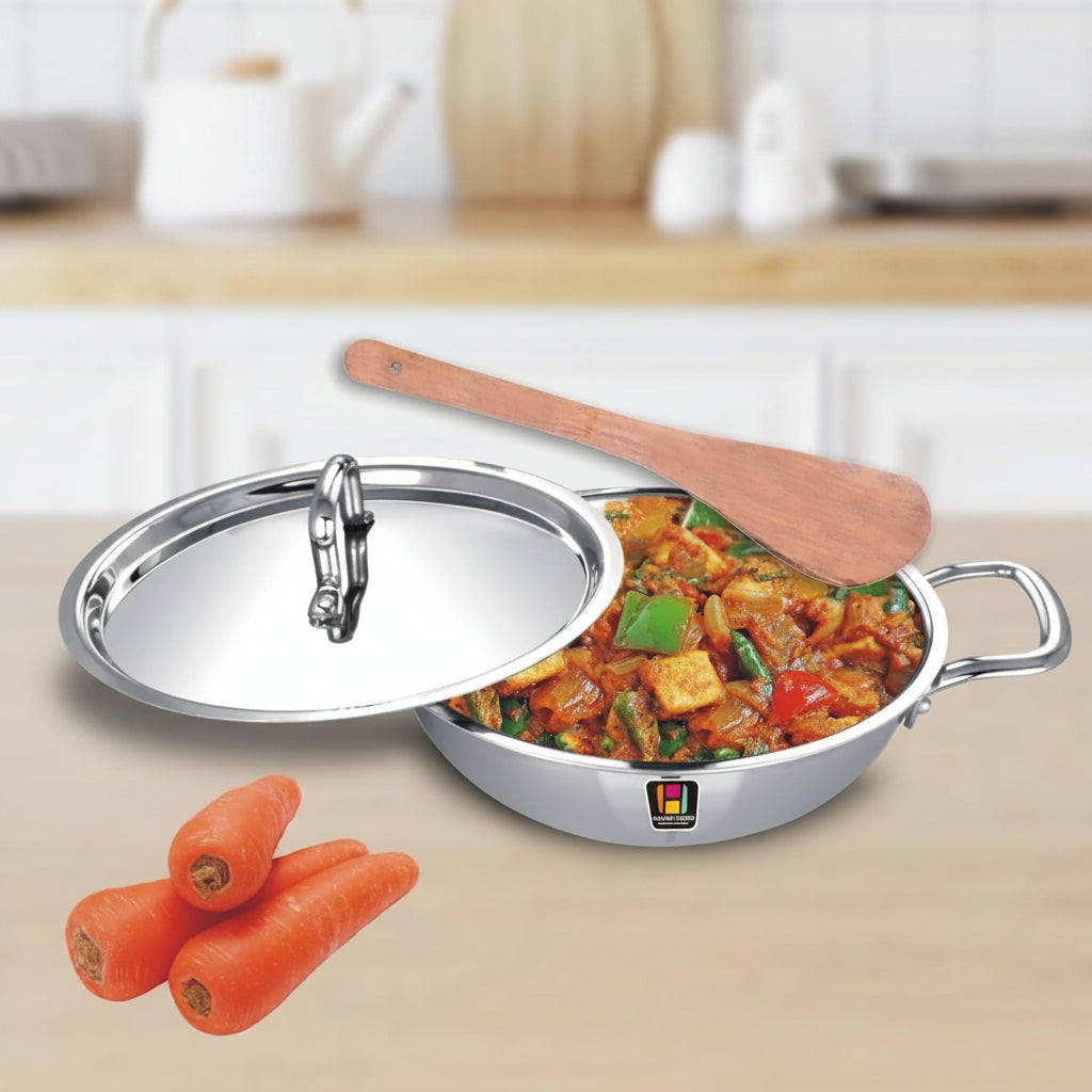 Tri-Ply Stainless Steel Kadai 22 cm 2.2L No Lid Induction Gas Heavy-Duty