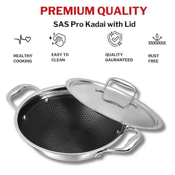 Pro Platinum Triply Stainless Steel Non Stick Kadhai with Lid - 1.8 L, 22 cm, Ceramic Coating