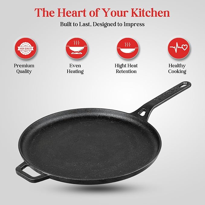 Pre Seasoned Cast Iron Flat Roti Tawa with Handle - 28 cm