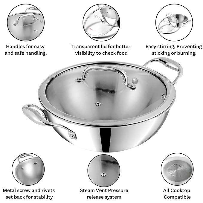 Triply Stainless Steel Extra Deep Kadai with Glass Lid 3.7 L (26 cm), 2.5 mm Thick, Kadai for Cooking