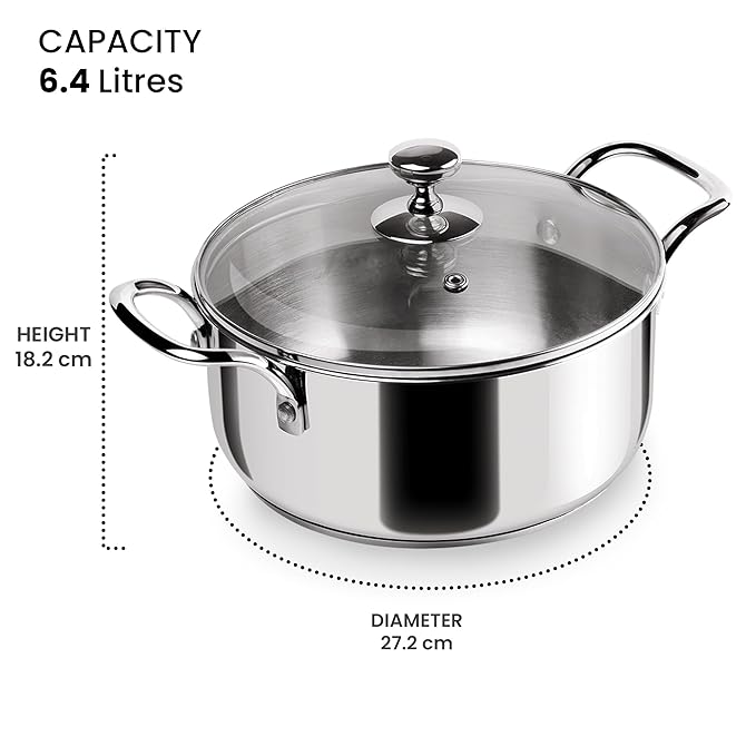 Triply Stainless-Steel Sandwich Bottom Casserole Handi/Stock Pot/Biryani Pot with Glass Lid 26 cm