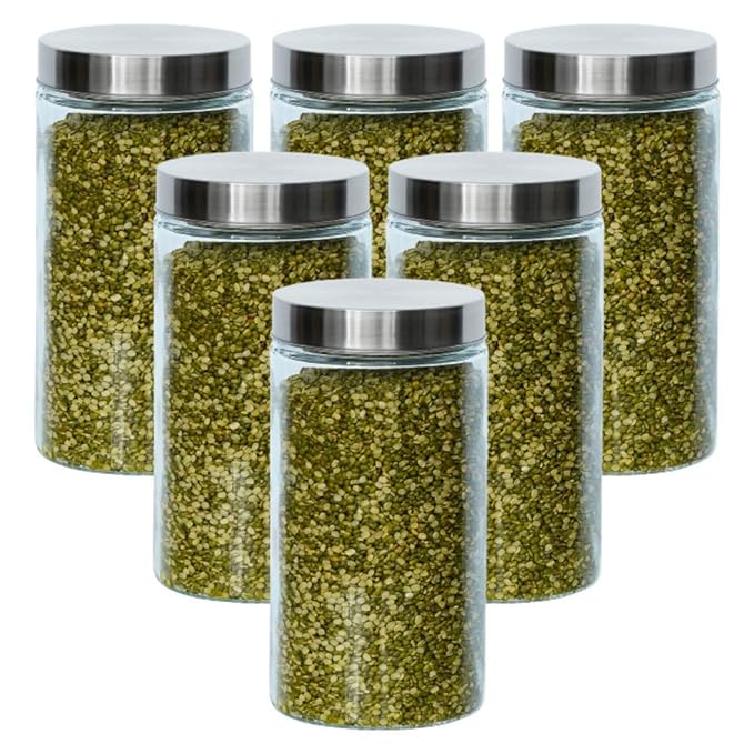 Kitchen Storage Jars Borosilicate Glass With Steel Lid Air Tight Kitchen Jar and Container, 1600 ml - Pack of 6