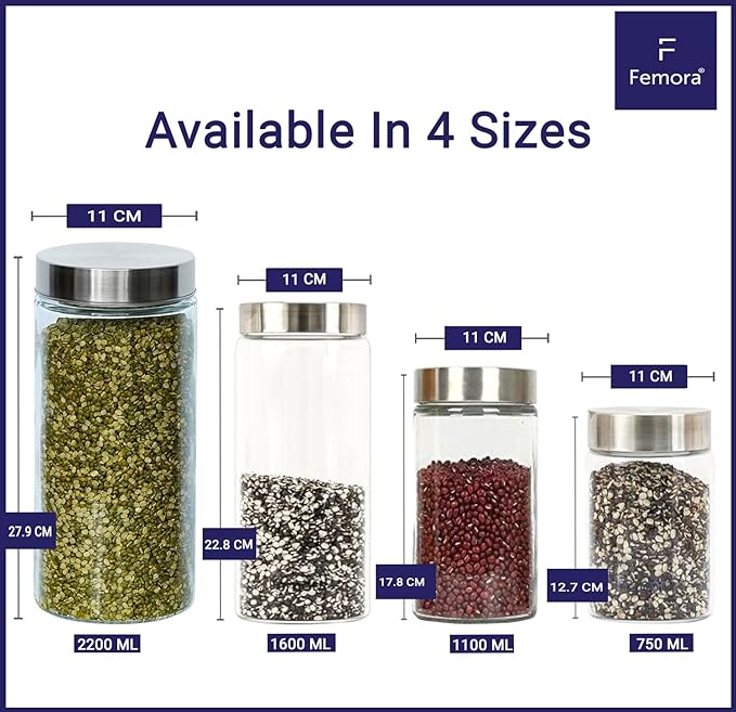 Kitchen Storage Jars Borosilicate Glass With Steel Lid Air Tight Kitchen Jar and Container, 1100 ml