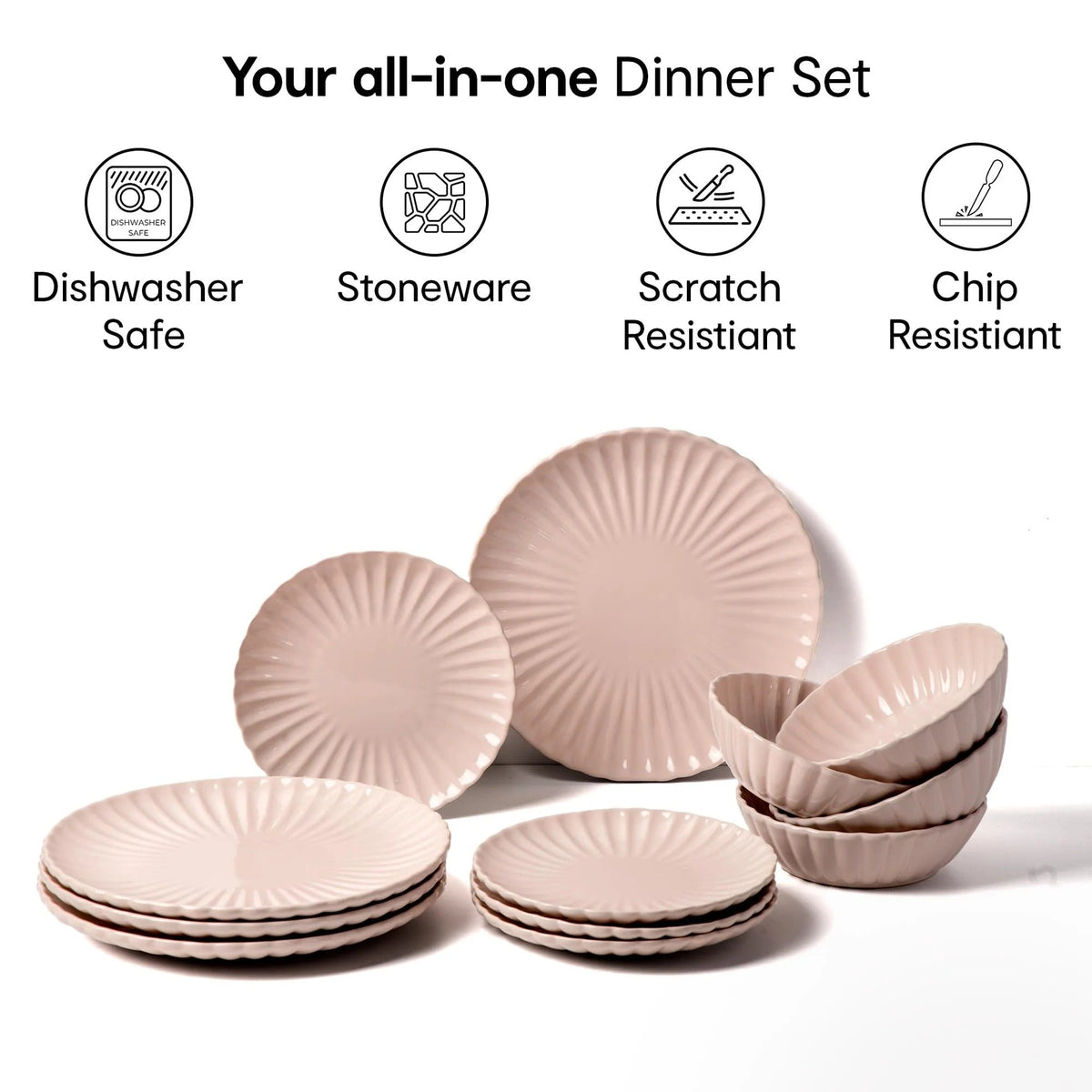 Scalloped 12 Pieces Solid Stoneware Dinner Set Pink Lead Cadmium Free Microwave Dishwasher Safe 4 Dinner