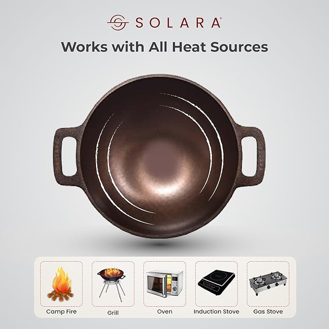 Pre Seasoned Cast Iron Kadhai, 25 cm, 2.5 Kg, Naturally Nonstick Cast Iron Kadai With Flat Handles