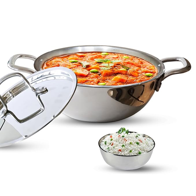 Stainless Steel Triply Kadhai With Lid - 22 cm, Induction Friendly, Triply Stainless Steel Cookware