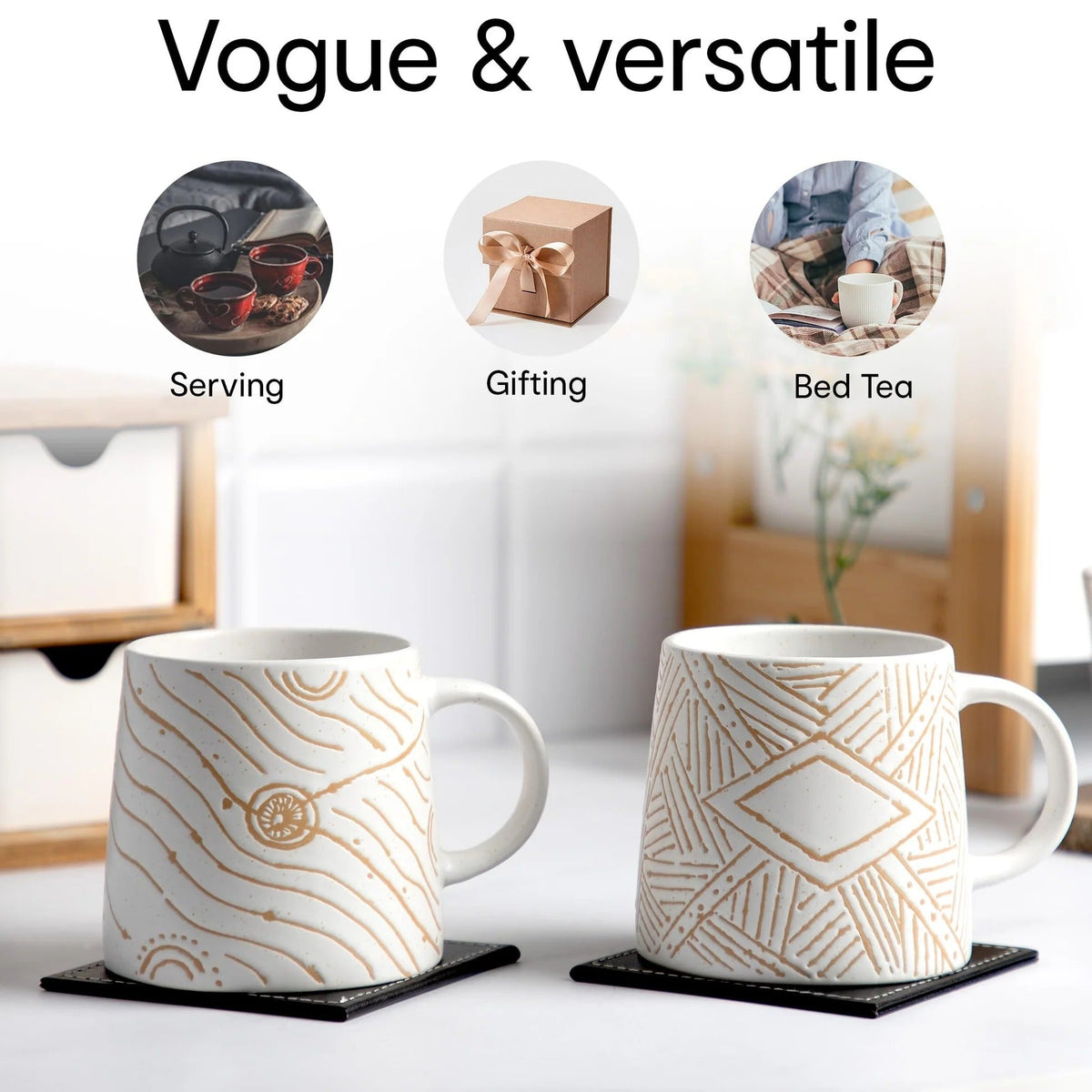 Waluvin Set of 2: Stylish White & Beige Stoneware Mugs, 400 ml, Embossed Design