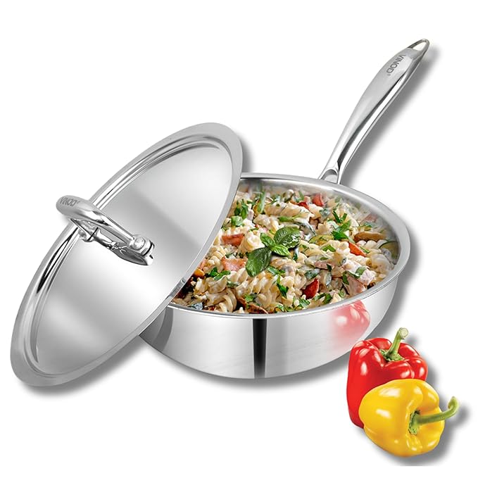Triply Stainless Steel Frypan - 20 cm, Deep Skillet Pan with Lid, Rivetted Study Handle