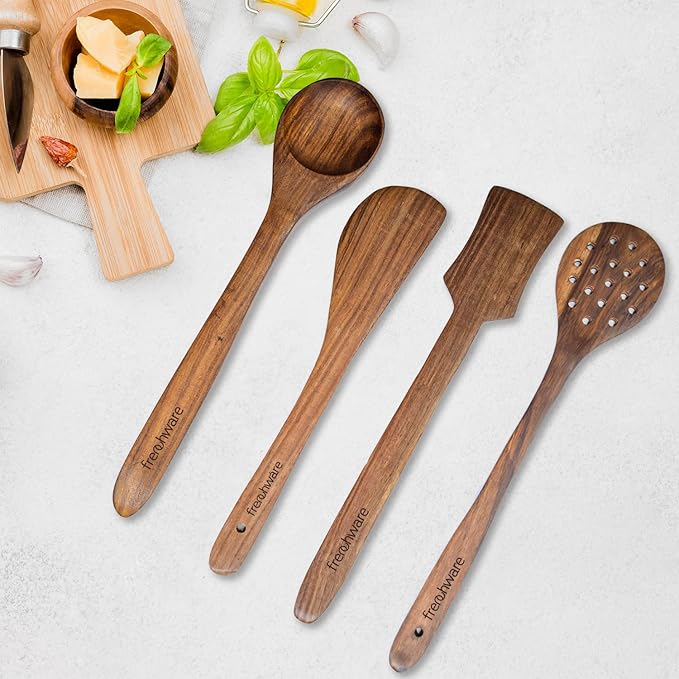 Pure Sheesham Wood Spoons and Spatula for Non Stick Cookware Used for Cooking, Baking & Mixing Set of 4, Brown