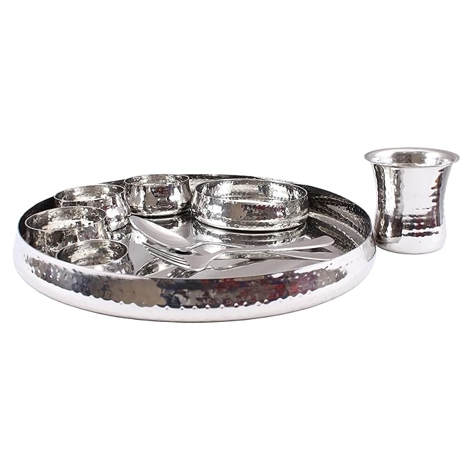 Stainless Steel Curved Dinner Set/Thali Set of 1 Plate, 1 Small Plate 3 Bowl, 1 Small Bowl, 1 Glass