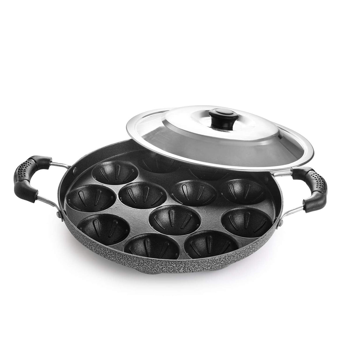 Non-Stick 12 Cavity Grill Appam Patra 2 Side Handle with Stainless Steel Lid, Appam Maker