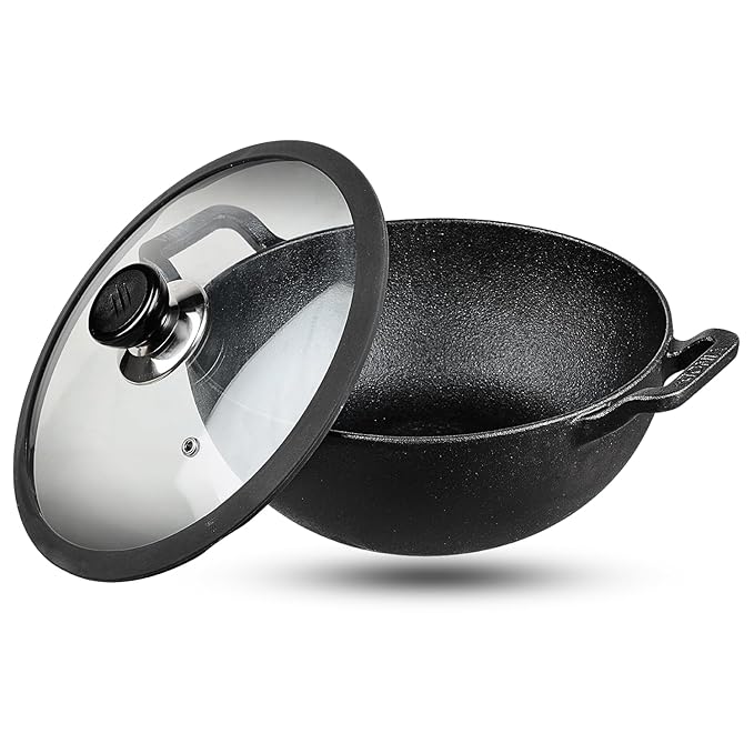 Pre Seasoned Cast Iron Kadai with Glass Lid - 4.3 L, 26 cm, Naturally Non Stick