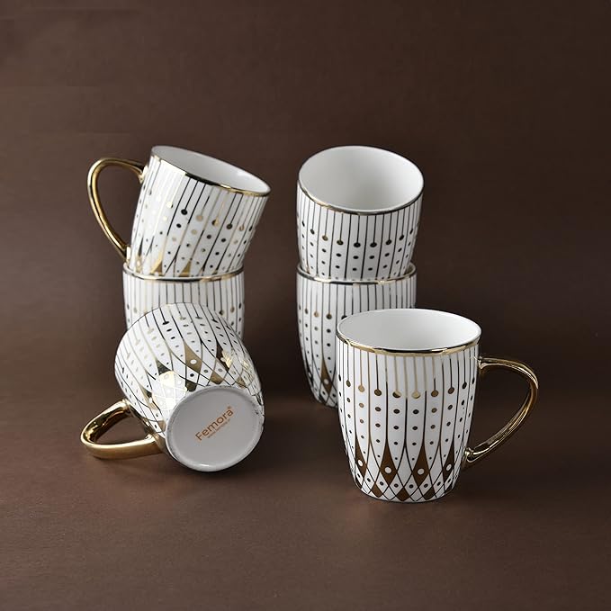 Gold Modern Pattern With White Background Golden Coffee Mugs, 160 ml, Golden, 6 Pcs Set