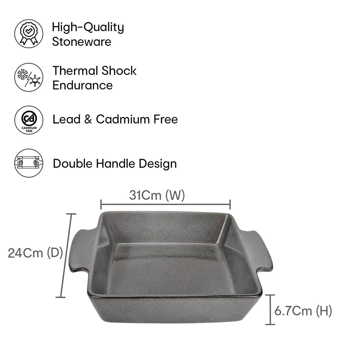 Glazed Stoneware Ceramic Baking Dish Grey Oven Dishwasher Microwave Safe 6.7x24x31cm