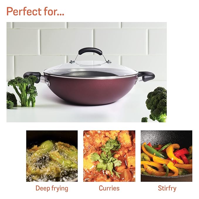 Merlot Aluminium Non-Stick Kadai, Kadhai with Glass Lid 30 cm/ 4.31 L