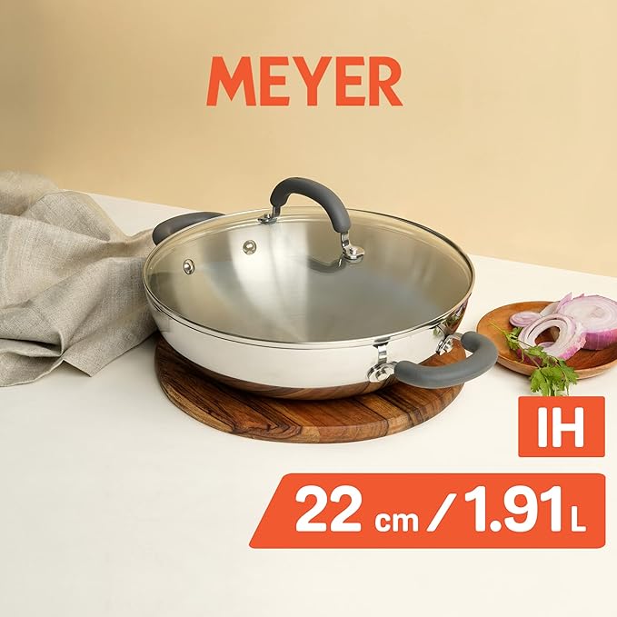 Trivantage Nickel Free Stainless Steel Triply Kadai with Steel Lid 22 cm Silver