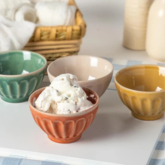 Hand Glazed Icecream Bowls Set of 4 Stoneware Embossed Oven Safe 7.5 cm H x 13 cm Dia Pink Brown Green Red