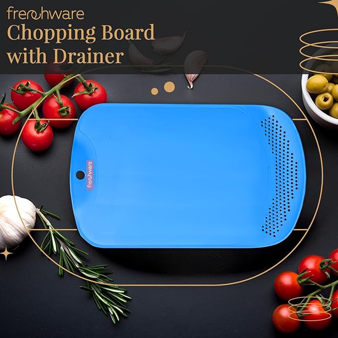 Plastic Cutting-chopping Board With Drainer 1 Unit, Premium-grade Plastic, Blue Colour