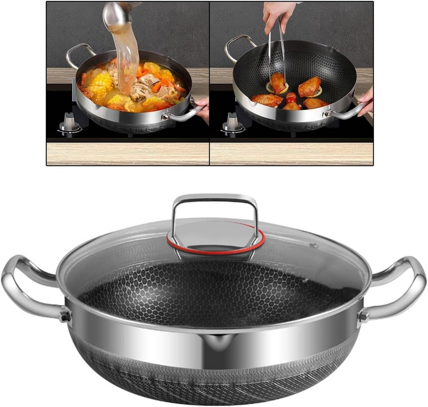 Honeycomb Stainless Steel Frying Pan & Soup Pot with Lid – Non-Stick Deep Cooking Pot for Frying, Stewing, Soup, Stock & Daily Cooking – For Gas & Induction – Available in 26cm, 28cm, 30cm