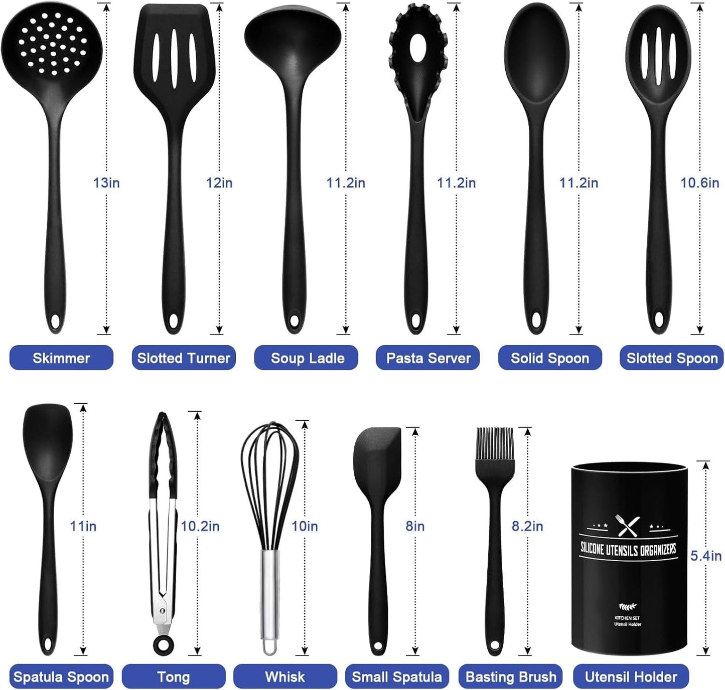 12-Piece Silicone Kitchen Utensils Set – Heat-Resistant Includes Holder, BPA-Free Non-Stick Spatulas and Tools, Perfect for Everyday Cooking (Black)