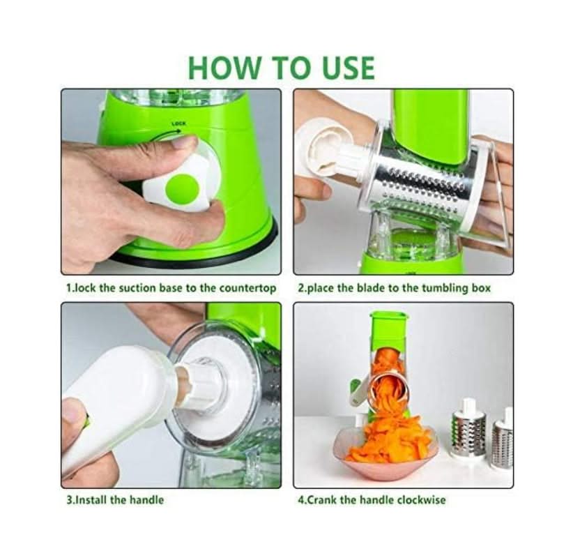 3 in 1 Rotary Cheese Grater – Multifunctional Slicer and Shredder with Easy-to-Swap Stainless Steel Interchangeable Rotating Drum Blades for Effortless Kitchen Prep Tool (Green)