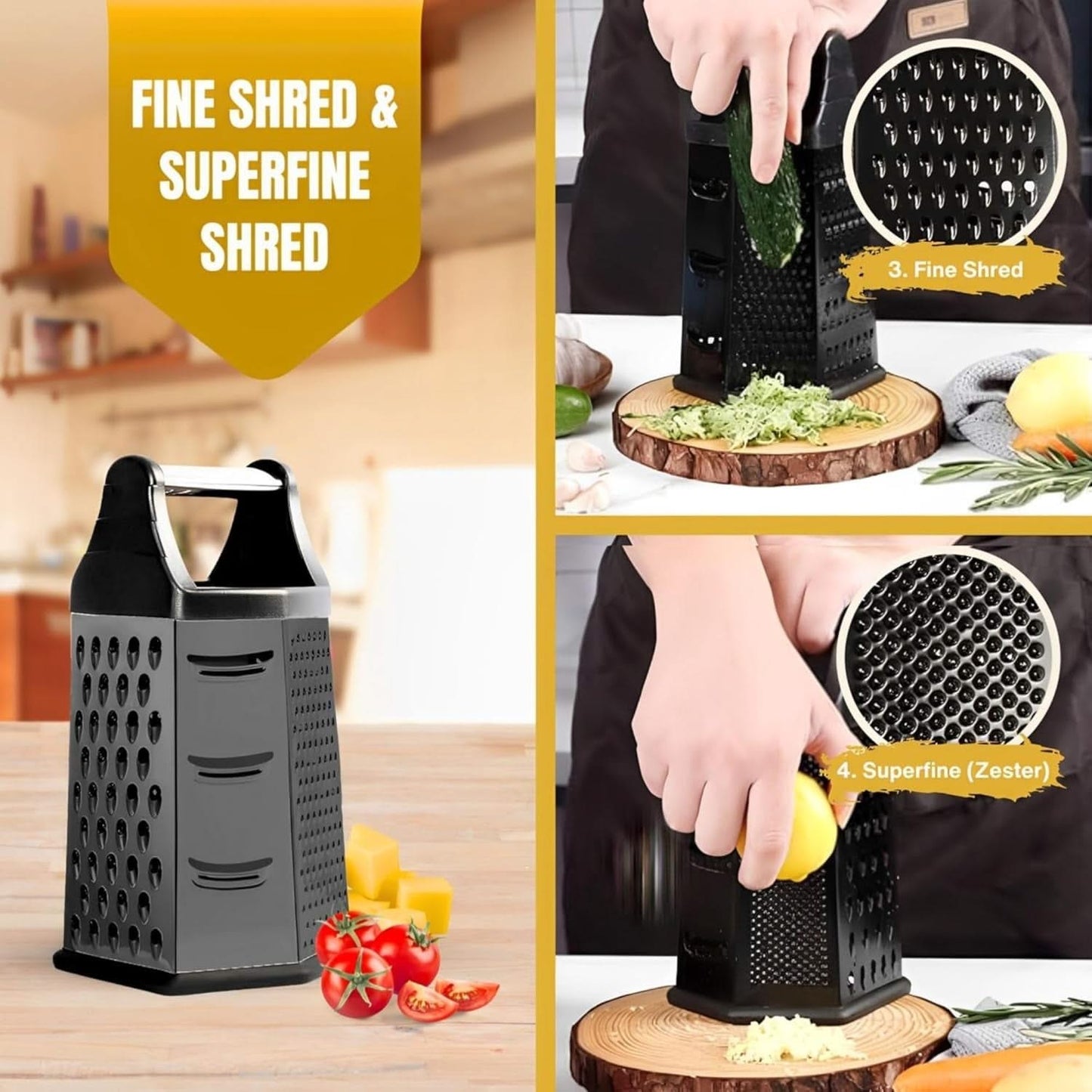 6-in-1 Stainless Steel Box Grater with Handle – Multipurpose All-in-One Shredder for Cheese, Vegetables, and More, Ideal for Grating, Slicing, and Zesting(Black)