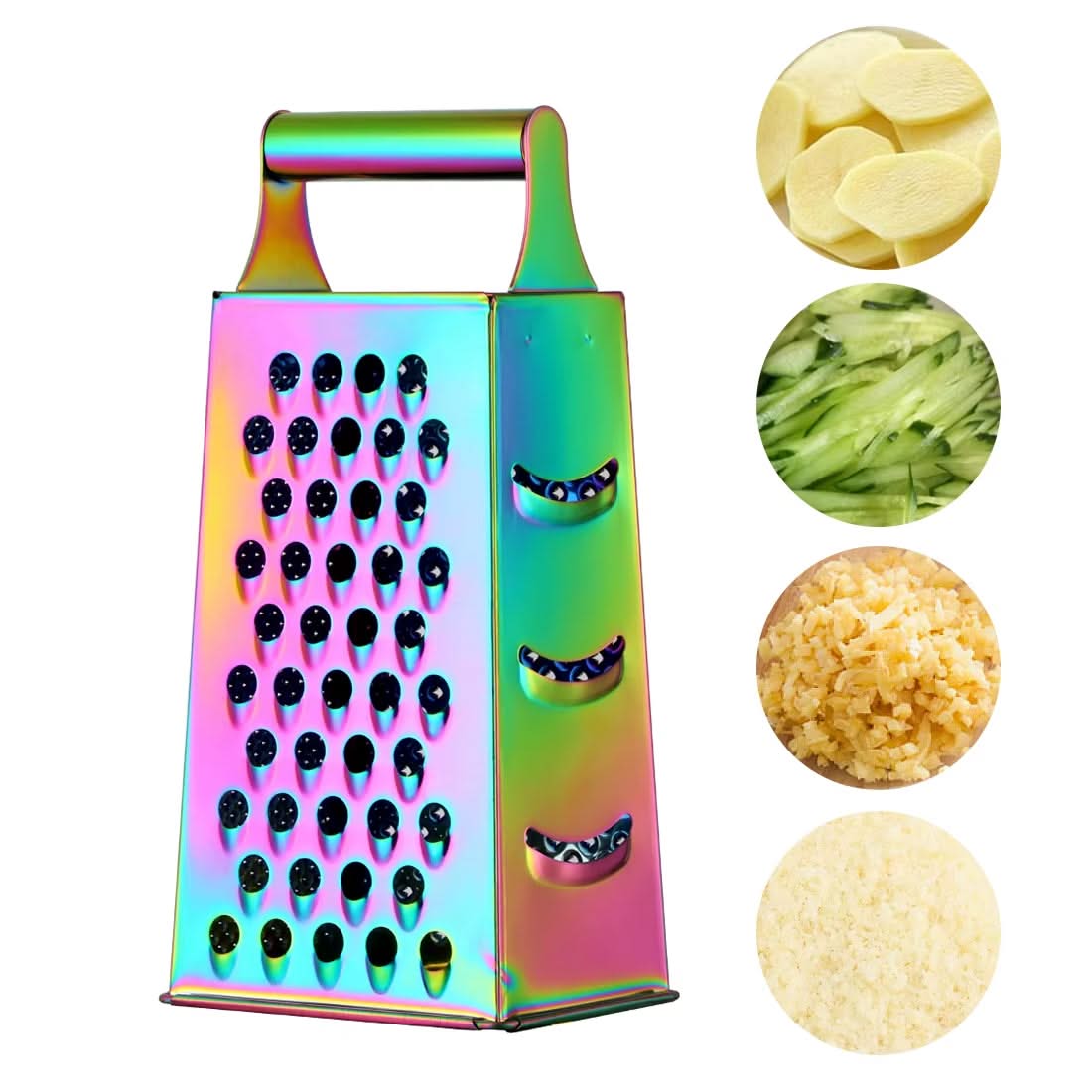 4-Sided Rectangular Stainless Steel Kitchen Grater & Zester with Handle – Versatile Food Shredder for Cheese, Potatoes, Vegetables, and More (Available in Gold, Orange, Rose Gold, Rainbow, Champagne Gold and Silver)