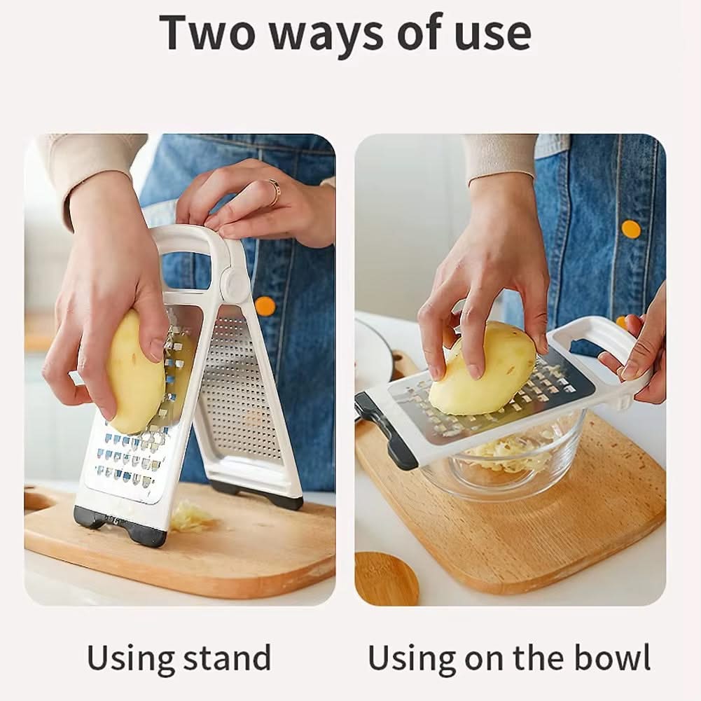 Modern Multifunctional Space-Saving Vertical Foldable Stainless Steel Grater—Double-Sided Design for Fine Grating of Cheese, Vegetables, and Fruit