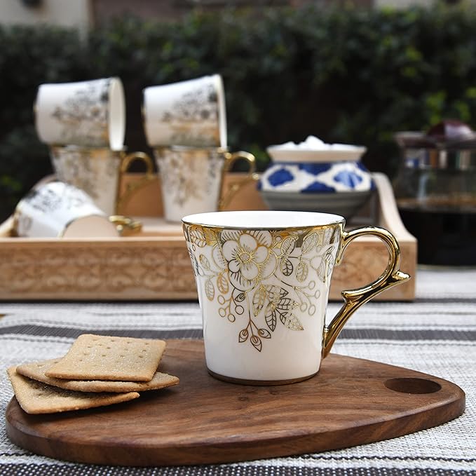 Premium Gold Floral Buds Leaves Ceramic Coffee & Tea Cup Set of 6